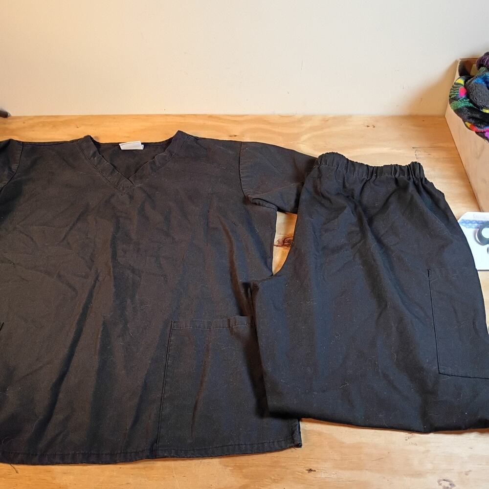 Strictly Scrubs Set Womens XL Black V-Neck Top Drawstring Pants Uniform Medical